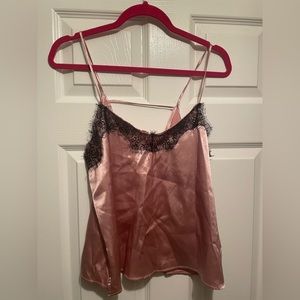 Pink satin tank with lace trim